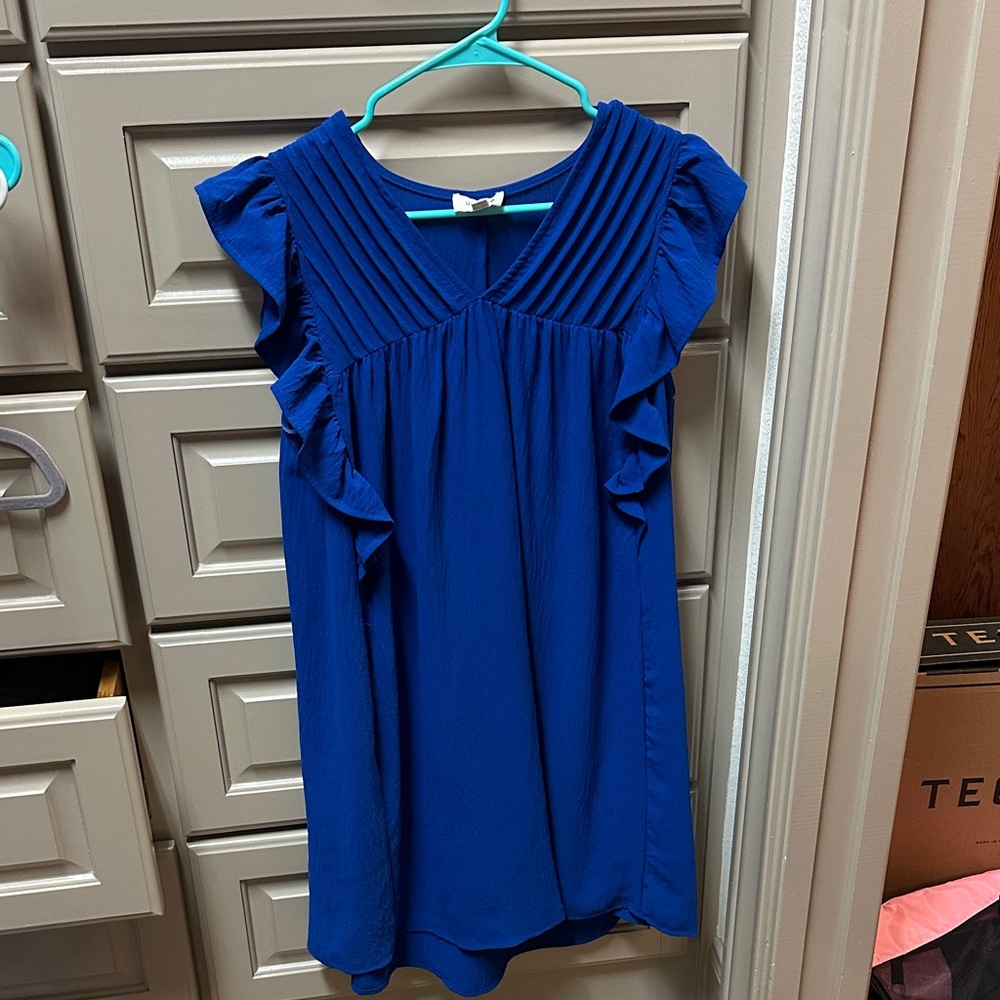 Umgee Blue Mini Dress with Ruffle Sleeves
